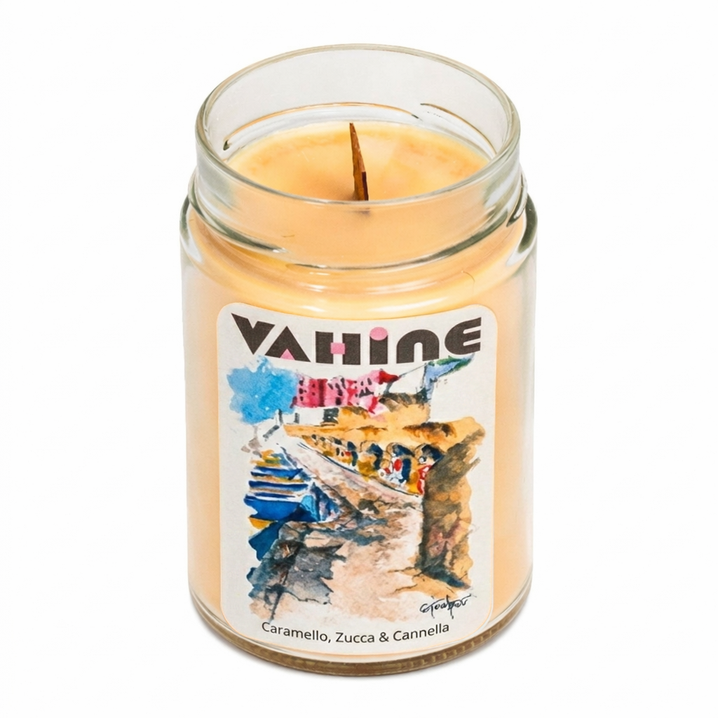 VAHINE Ventotene "Porto Romano" Caramello, Zucca, Cannella 275g - candela profumata con stoppino in legno