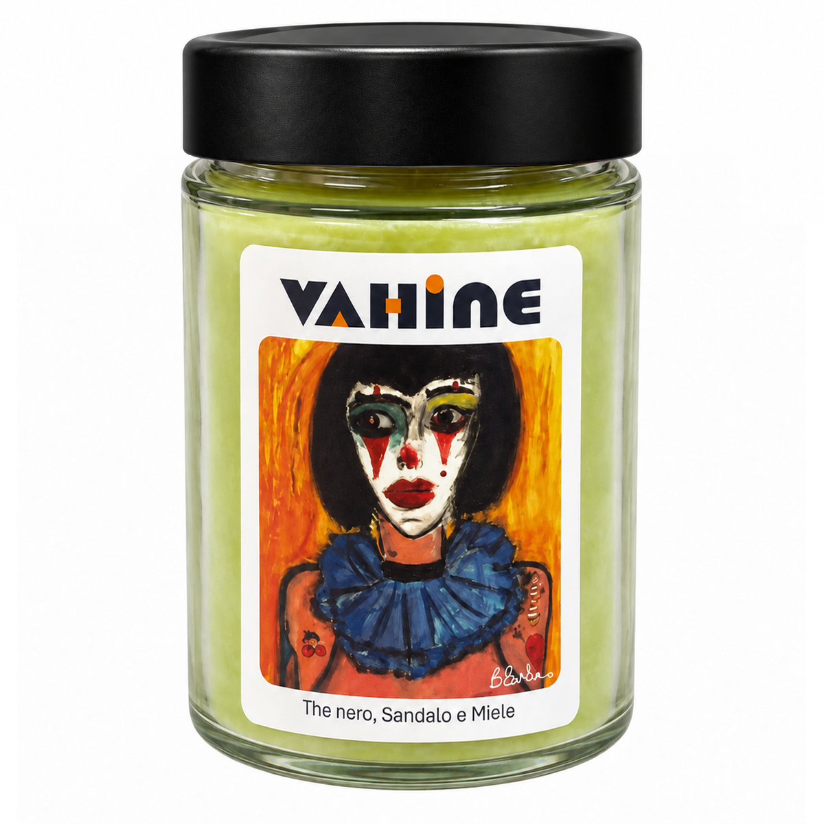 VAHINE " 'Mbriana" The nero, Sandalo e Miele 275g - candela profumata con stoppino in legno